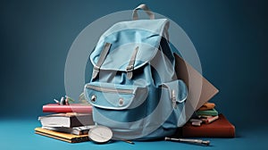 Back to school, student colored backpack with textbooks, kickball and ballpoint pens. AI generated.