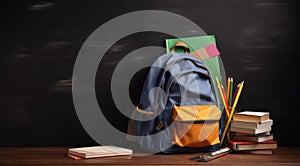 Back to school, student colored backpack with textbooks, kickball and ballpoint pens. AI generated.