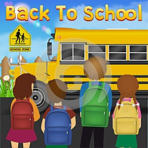 Back to school with student in front of school bus
