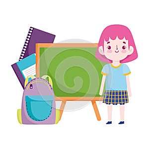Back to school, student girl bag books and blackboard elementary education cartoon