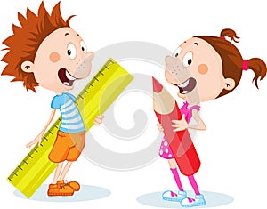 Back to school student, girl and boy school supplies - ruler and pen - vector flat design photo