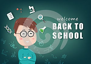 Back to school, student learning, people character vector, sign and symbol flat icon design, blackboard background