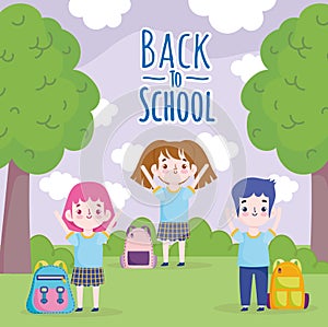 Back to School students with backpack in the park cartoon