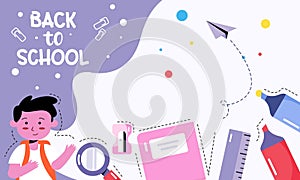 Back to School with Students and Stationery Vector Banner