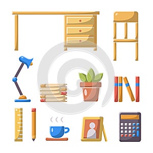Back To School Study Object Flat Icon Set. Clean Illustration Design Element on Isolated White Background