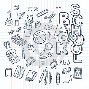 Back to School Supplies collection. Sketchy notebook doodles set with lettering