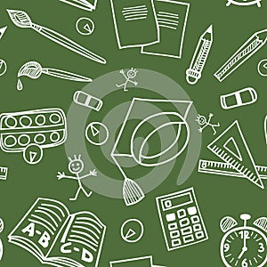 Back to school supplies doodles seamless pattern