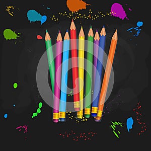 Back to school supplies. Heap of colorful realistic pencils with rubber erasers isolated on abstract black background