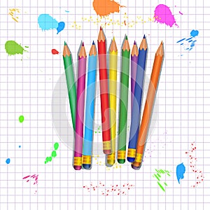 Back to school supplies. Set of colorful realistic pencils with rubber erasers isolated on abstract white background with grid