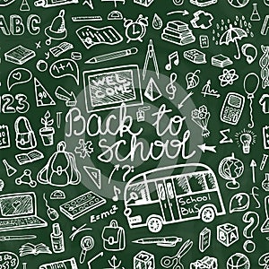 Back to School Supplies Sketchy chalkboard.Seamless pattern