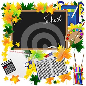 Back to School Supplies Sketchy Doodles with Swirls- Hand-Drawn.Vector Illustration Autumn leaves.