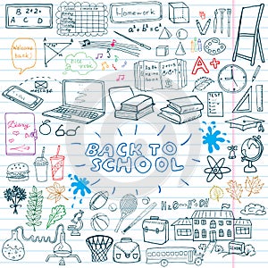 Back to School Supplies Sketchy Notebook Doodles set with Lettering, Hand-Drawn Vector Illustration Design Elements on Lined