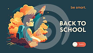 Back to school template with boy and a rocket in clouds, vector