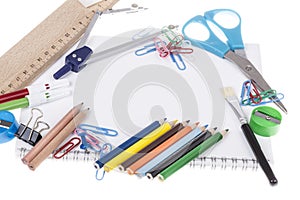 Back to school template with stationery and notebook on white