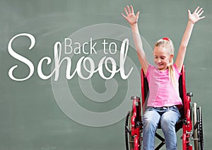 Back to school text on blackboard with disabled girl in wheelchair