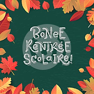 Back to School text drawing by white chalk on Green Chalkboard. Autumn leaves education vector illustration banner. Translation: