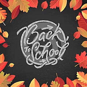 Back to School text drawing by white chalk on Green Chalkboard. Autumn leaves education vector illustration banner. Welcome Back