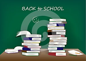 Back to school text, many books on the desk on a blackboard background, vector illustration