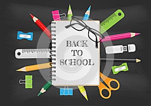 Back to school text on noteÃ Â¸Âºbook with school supplies on chalkbord background,  Vector illustration