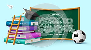 Back to school text vector design. Welcome back to school greeting in green chalkboard with education books