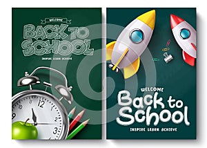 Back to school text vector poster set. Welcome back to school greeting education lay out collection