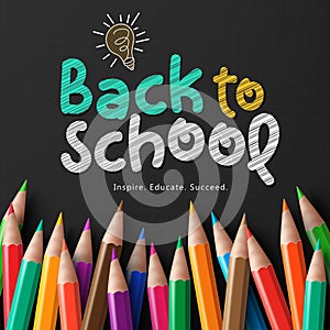 Back to school text vector template design. Back to school greeting with colorful color pencil for arts artistic