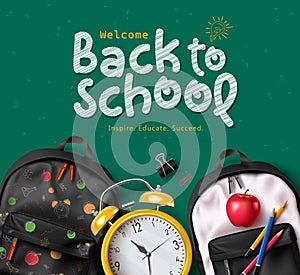 Back to school text vector template design. Welcome back to school greeting in green chalkboard space for typography