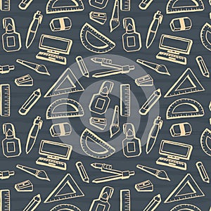 Back to school theme doodle with study tools hand drawn vintage background seamless pattern.