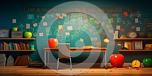 back to school theme, featuring a chalkboard background adorned with educational icons and symbols. Generative Ai