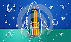 Back to school theme with hand drawn rocket and pencils