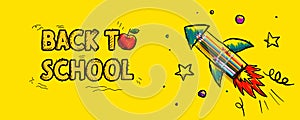 Back to school theme with hand drawn rocket and pencils