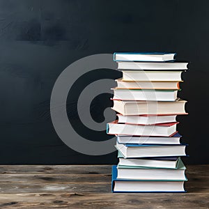 Back to school theme stack of books against dark background