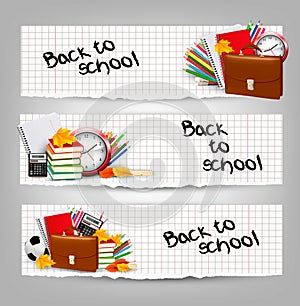 Back to school. Three banners with school supplies