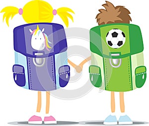 Back to School - Two Students Hold Hand - Girl and Boy - back View - Illustration