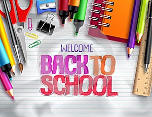 Back to school vector background design with school elements, colorful education supplies