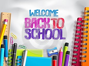 Back to school vector background design with school elements, colorful education supplies