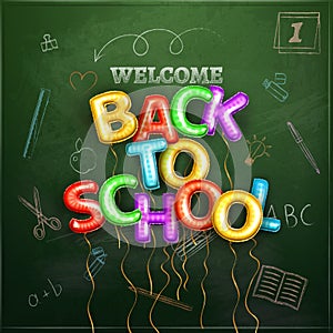 Back to school vector background of education supplies chalk sketches on blackboard. Lettering from colored balloons -