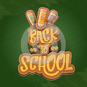 Back to school vector background template with funny cartoon supplies like pencil ,book, bag, eraser and space for text