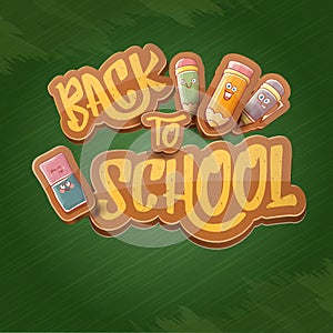 Back to school vector background template with funny cartoon supplies like pencil ,book, bag, eraser and space for text