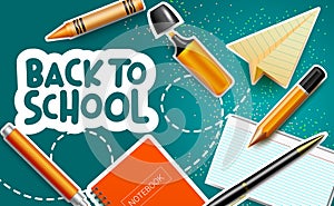 Back to school vector banner background. Back to school text with elements like crayons, notebook and marker for student education