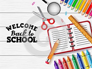 Back to school vector banner background. Welcome back to school text with education supplies like notebook, pencil, ruler, crayon.