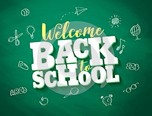 Back to school vector banner design with 3d title and drawings