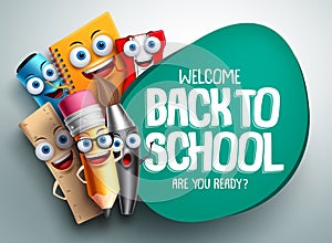 Back to school vector banner design with colorful funny school characters