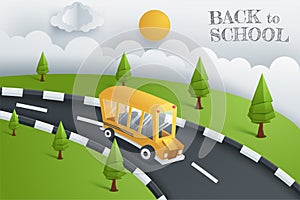 back to school vector banner design flyer with school bus education items and space for text in a background. Vector illustration