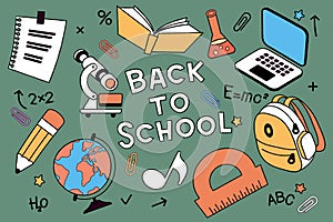 Back to school vector banner design. Set education items in a background