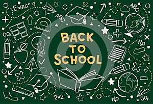 Back to school vector banner design. Set education items in a background