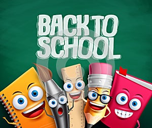 Back to school vector banner with school characters in green background