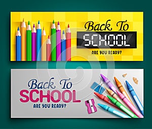 Back to school vector banner set. Back to school text with educational supplies element lay out collection.