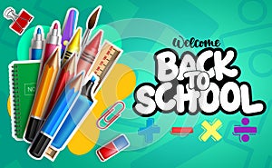 Back to school vector banner template. Welcome back to school text with paper cut elements like color pencil, marker and crayons.