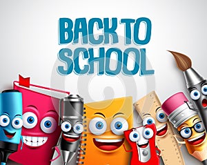 Back to school vector characters background template with colorful funny school cartoon mascots